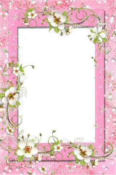 a pink frame with white flowers and green leaves