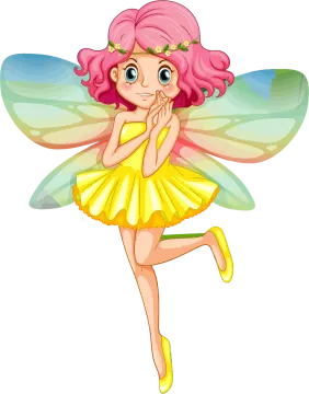 a fairy with pink hair and yellow dress