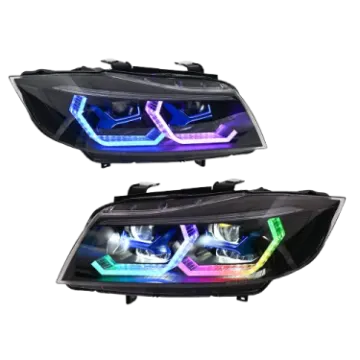 pair of headlights with colorful leds