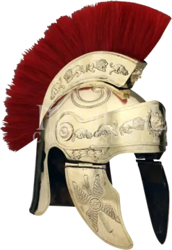 a roman helmet with red hair