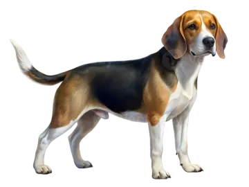 a brown and black dog standing on a white background