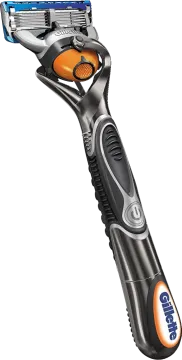 a razor with an orange and black handle
