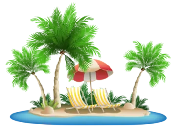 a tropical island with palm trees and beach chairs
