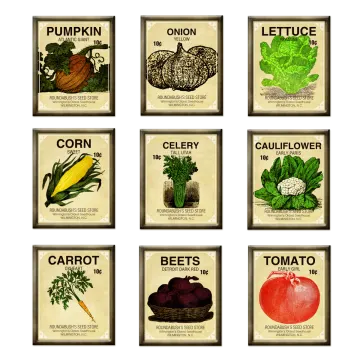 a set of nine framed pictures with different vegetables