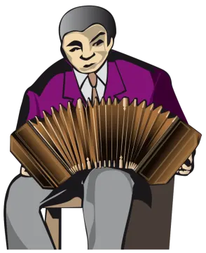a man sitting on a chair holding an accordion