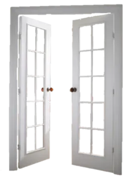 a white door with two open windows