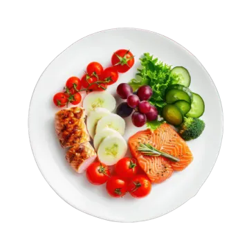 a plate of food with salmon, eggs and vegetables