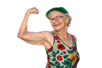 an older woman flexing her muscles