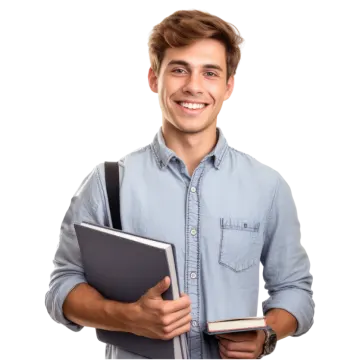 a young man holding a book and smiling at the camera