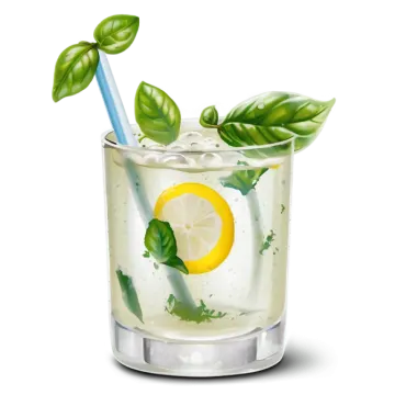 a glass filled with lemon and basil leaves
