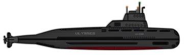 a black and red submarine on a white background