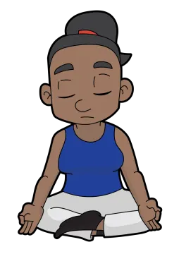 a black man in a blue shirt and white shorts sitting on the floor