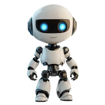 a white robot with blue eyes standing on a white background