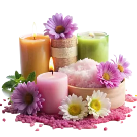 some candles and flowers on a white background