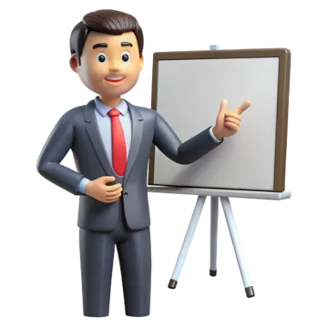 a 3d man in a business suit pointing at a whiteboard