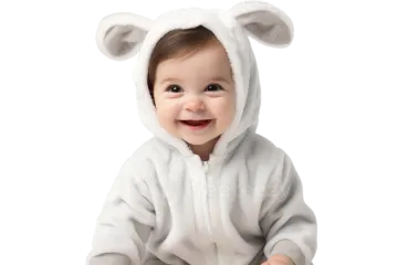 a baby wearing a white sheep costume