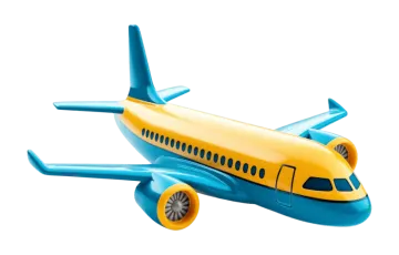 a blue and yellow toy airplane on a white background