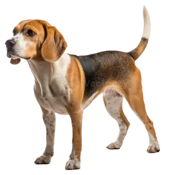 a brown and black dog standing on a white background