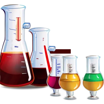 a group of different colored liquids in beakles