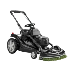 a black and white lawn mower on a white background