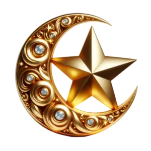 a gold crescent with a star on it