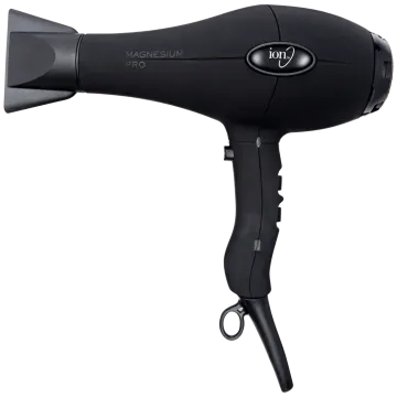 a black hair dryer on a white background