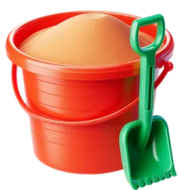 a red bucket with a green shovel next to it