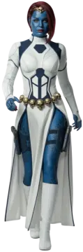 a woman in a white and blue costume
