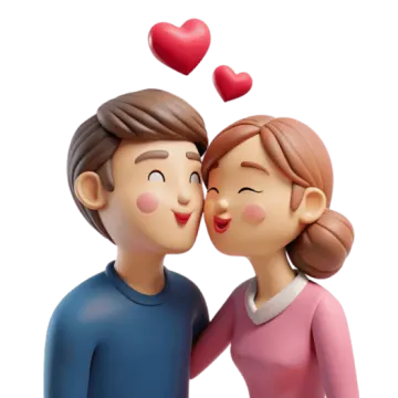 a couple kissing in front of a white background