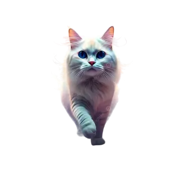 a white cat with blue eyes is running