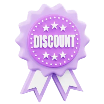 a purple badge with the word discount on it