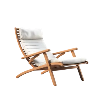 a wooden lounge chair with white cushions
