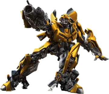 a yellow and black robot standing on a white background