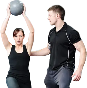 a man and woman holding a basketball ball
