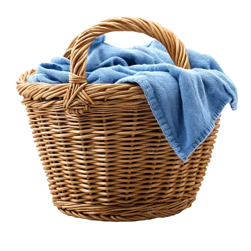 a basket with blue towels on it