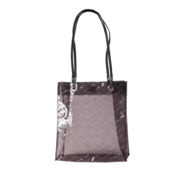 a photo of a purple and black handbag