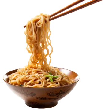 a bowl of noodles with chops in it
