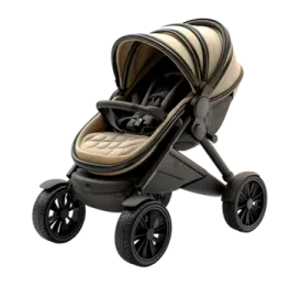 a stroller with a beige seat and black wheels
