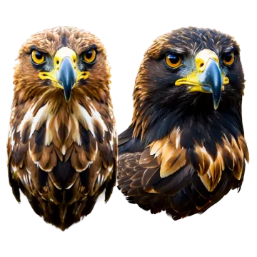 two brown and white birds with yellow eyes