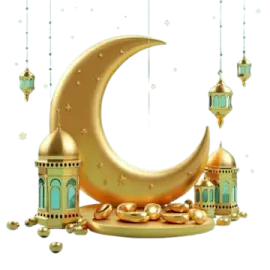 a golden crescent with arabic lanterns hanging from it
