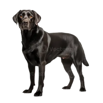 a black labrador dog standing in front of a white background