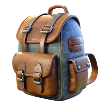 a brown and blue backpack with leather straps