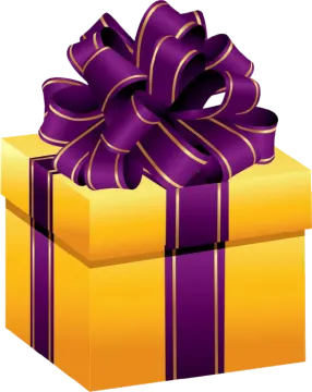 a yellow gift box with a purple ribbon