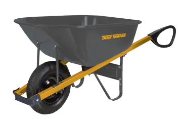 a wheelbart with a yellow handle