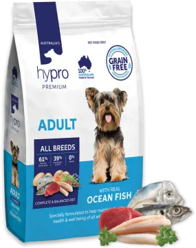 a bag of hypo dog food next to a fish