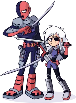 a drawing of two people with swords