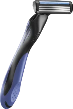 a blue and black razor on a white background