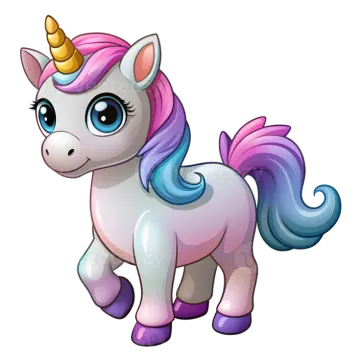 a cartoon unicorn with a pink mane and blue eyes