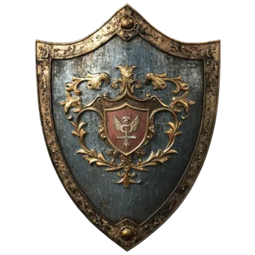 a gold and blue shield on a white background