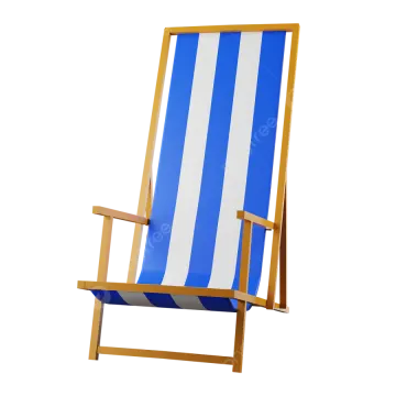 a wooden deck chair with blue and white stripes